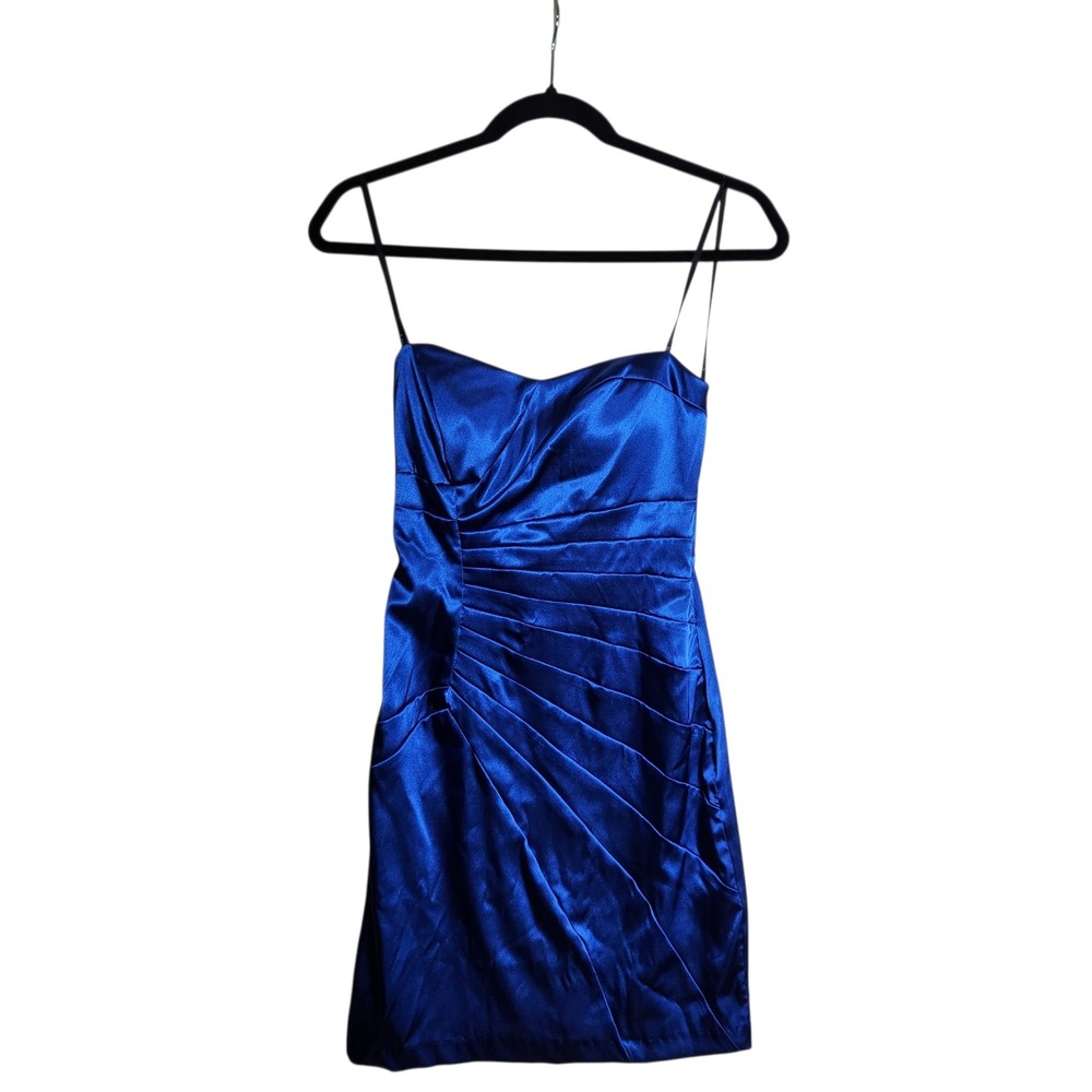 B. Darlin Royal Blue Satin Ruched Bodycon Mini Dress Sweetheart Neck 3/4